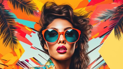 Pop Art Collage of a Brunette Model Girl with Peculiar Sunglasses on a Palm Tree Summer Beach Vibe Background Colorful Abstract Theme Concept © Creative Station