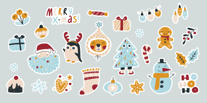 Christmas planner stickers collection. Funny cute characters and decor in a simple hand-drawn modern childish style. Vector illustration in limited trend palette.