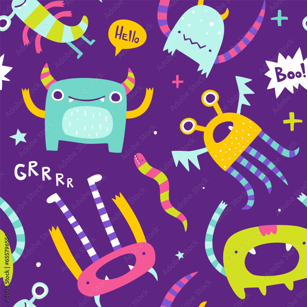 Wall mural seamless bright pattern with weird monsters for baby. abstract vector print with stylized monsters f