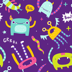 Seamless bright pattern with weird monsters for baby. Abstract vector print with stylized monsters for kids textile.