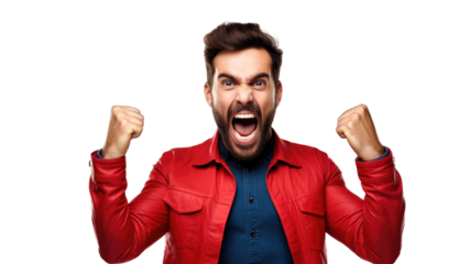 Successful business woman rejoicing, raising hands up and celebrating victory, winning something. Transparent background or PNG file. Generated by AI