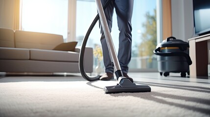 Fototapeta premium Professional Carpet Cleaning Service Janitor Using Vacuum Cleaner