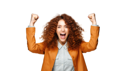 Successful business woman rejoicing, raising hands up and celebrating victory, winning something. Transparent background or PNG file. Generated by AI