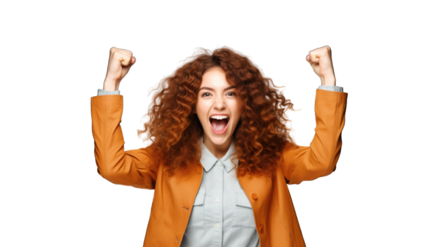 Successful business woman rejoicing, raising hands up and celebrating victory, winning something. Transparent background or PNG file. Generated by AI