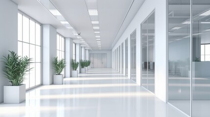 Clean Elegance: Modern Minimal White Office Corridor with Abundant Natural Light