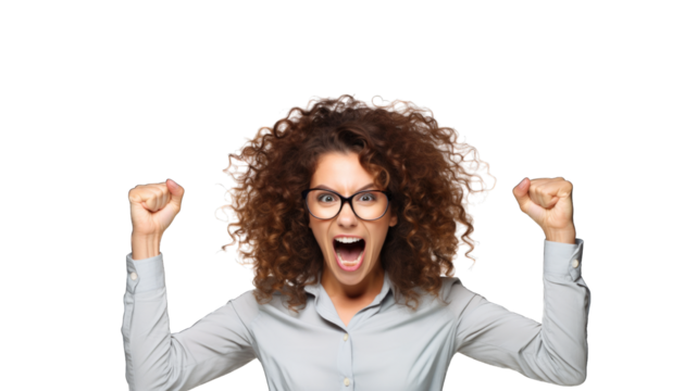 Successful business woman rejoicing, raising hands up and celebrating victory, winning something. Transparent background or PNG file. Generated by AI