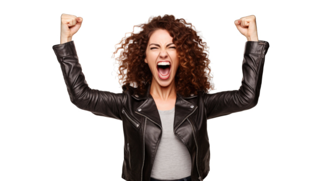 Successful woman rejoicing, raising hands up and celebrating victory, winning something. Transparent background or PNG file. Generated by AI