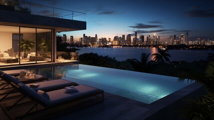 Fototapeta na wymiar Skyline Elegance: Modern Villa with Private Rooftop Infinity Pool Overlooking Miami's Stunning Cityscape in Florida