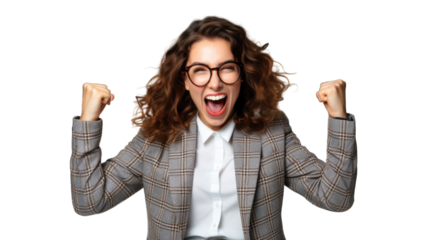 Successful business woman rejoicing, raising hands up and celebrating victory, winning something. Transparent background or PNG file. Generated by AI
