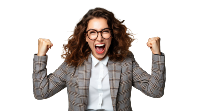 Successful business woman rejoicing, raising hands up and celebrating victory, winning something. Transparent background or PNG file. Generated by AI