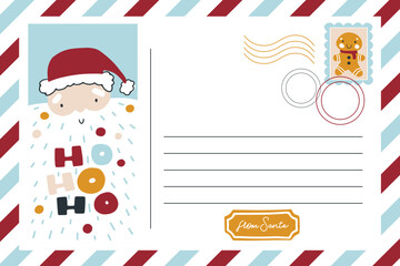 Christmas vintage postcard banner with Santa Claus. Striped border, place for text and mail stamp. Lettering Ho ho ho. Funny character in a simple hand-drawn childish style. Vector illustration.