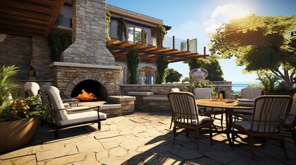 Villa backyard patio with chairs, table, and a fireplace and BBQ area for grill party. Generative AI