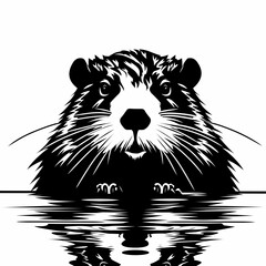 black and white illustration design of beaver with water reflections on a white background