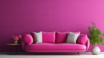 Viva Magenta Wall Background Mockup with Sofa Furniture and Decor