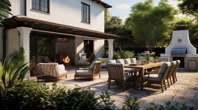Villa backyard patio with chairs, table, and a fireplace and BBQ area for grill party. Generative AI