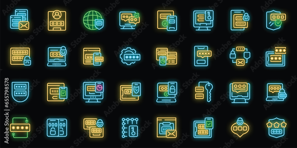 Sticker Multi factor authentication icons set outline vector. Laptop security. Web computer neon color on black