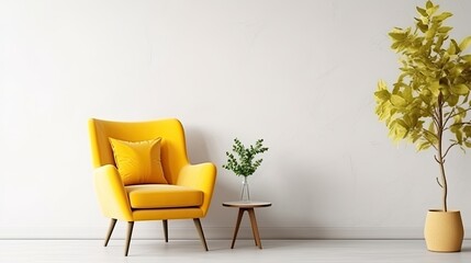 Warm Toned Living Room Interior Wall Mockup with a Yellow Armchair and a Background of a White Wall - obrazy, fototapety, plakaty