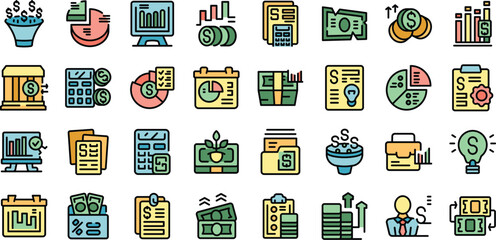 Financial planner icons set outline vector. Money account. Business budget thin line color flat on white