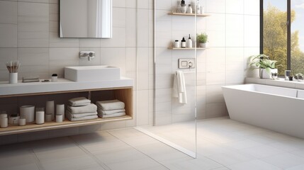 Fototapeta na wymiar White Ceramic Tiles in Bathroom Flooring Photo