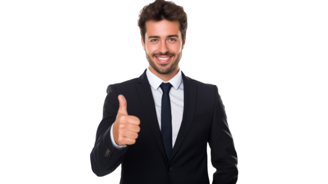 Portrait of a young smiling man looking at the camera and showing thumbs up. Transparent background or PNG file. Created by AI