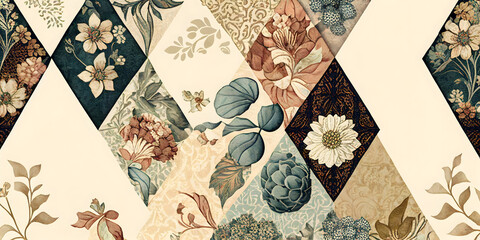 vintage floral background, patchwork, ager wallpaper pattern. generative ai. - obrazy, fototapety, plakaty