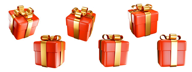 Set of red gift boxes with golden ribbon isolated on transparent background. Christmas decoration....