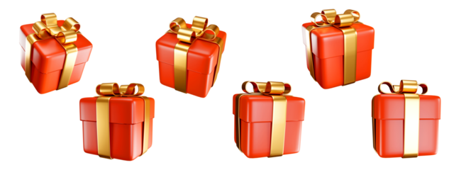 Set of red gift boxes with golden ribbon isolated on transparent background. Christmas decoration. 3D render.