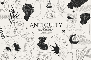 Vector set of logo with antique sculptures. Vector illustration with classical Sculpture for card poster T-Shirt or printing. Contemporary hand drawn mythical collection in line design style. Vector - obrazy, fototapety, plakaty