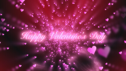 Happy Valentine's Day greetings on red and black gradient background with bunch of pink heart shapes
