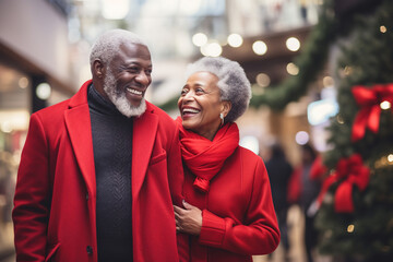 happy senior african American couple at christmas shopping mall market souvenir shop shopping presents, winter holidays and people concept . - obrazy, fototapety, plakaty
