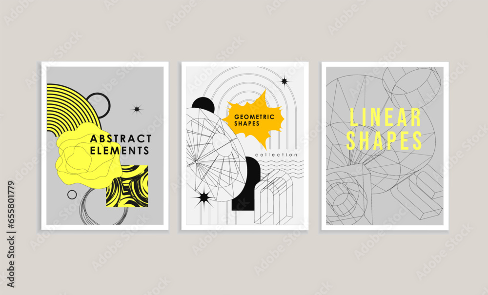 Poster trendy geometric design elements. simple shapes forms and frames inspired brutalism, abstract bauhau