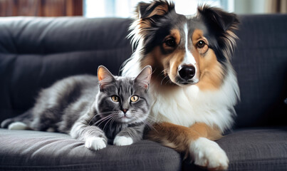 In a serene living room, two adorable pets, a dog and a cat.
