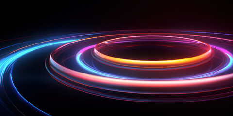 Obraz premium Neon futuristic flashes circles stripes on black background.