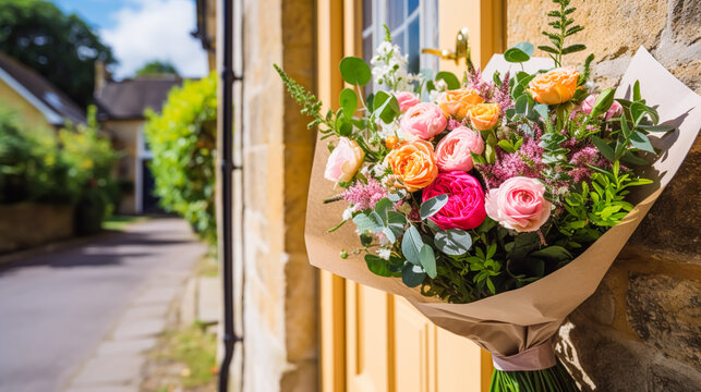 Flower shop delivery and holiday gift postal service, beautiful bouquet of flowers on a house doorstep in the countryside, generative ai