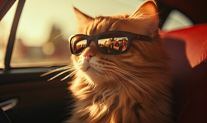 Fashionable feline in shades enjoys a leisurely moment in a sleek car.
