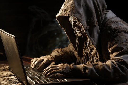 A scary zombie in a hood works at a laptop. Halloween illustration