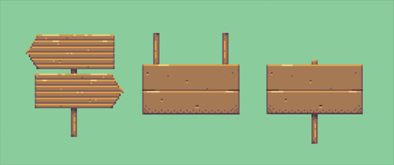 Wooden signs pixel art set. Wooden Signboards collection. 8 bit sprite. Game development, mobile app. Isolated vector set illustration.