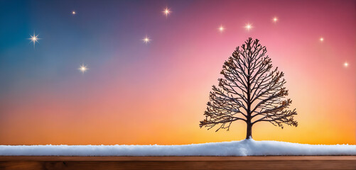 A snowy tree silhouette on a wooden tabletop against a pastel gradient sky with stars shining...