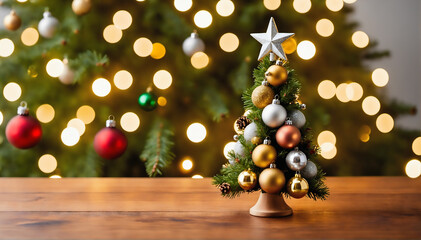 A little Christmas tree adorned with silver and gold ornaments, twinkling LED lights, and a...