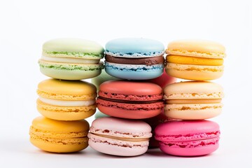 Fototapeta premium Assorted colorful macarons arranged neatly on a spotless white background, creating a visually delightful and tempting display. Generative AI