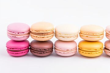 Obraz premium Assorted colorful macarons arranged neatly on a spotless white background, creating a visually delightful and tempting display. Generative AI