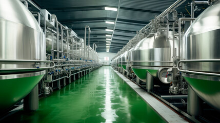 Stainless steel storage and processing tanks.