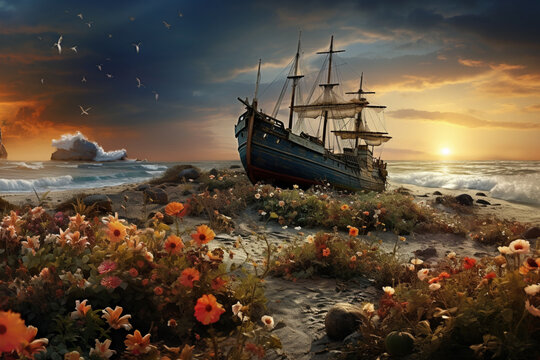 boat on the beach at sunset