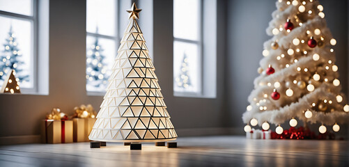 A sleek, white Christmas tree adorned with geometric ornaments and fairy lights