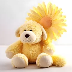 Fotobehang teddy bear with sunflower yellow daisy flower shaped pillow © NerdY0