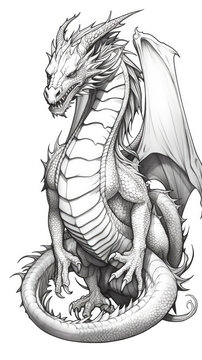 a drawing of a dragon in black and white. Tattoo idea for monster, fantasy and gothic theme.