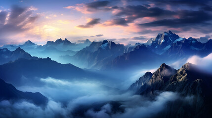 Beautiful landscape of mountains peaks with sea of clouds during sunset or sunrise. Peaceful scene of nature in solitude
