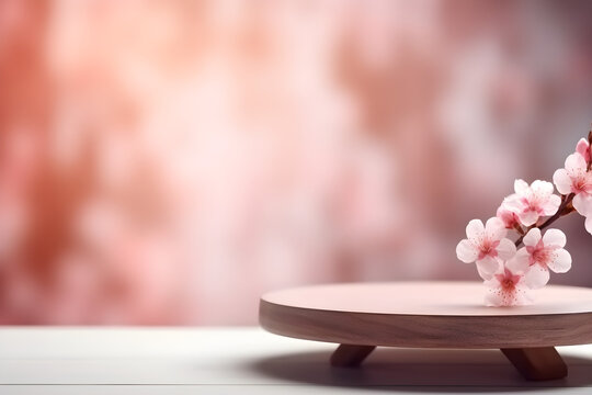 Luxury pink podium with cherry blossom flower on wooden table and blur background with copyspace. 3d render, for cosmetic product presentation, product display, banner background