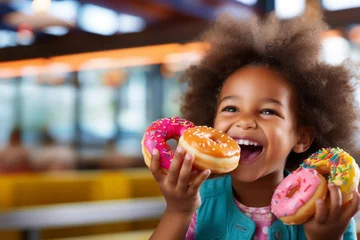 Poster Happy toddler girl at kitchen table eating donuts © Danko