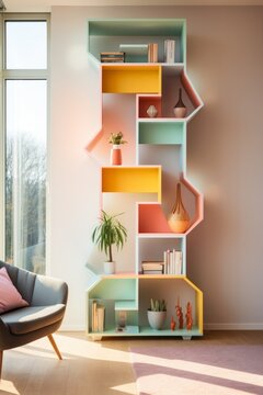 A vibrant and modern display of colorful shelves fills the room, bringing life to the home and creating an inviting atmosphere for relaxation